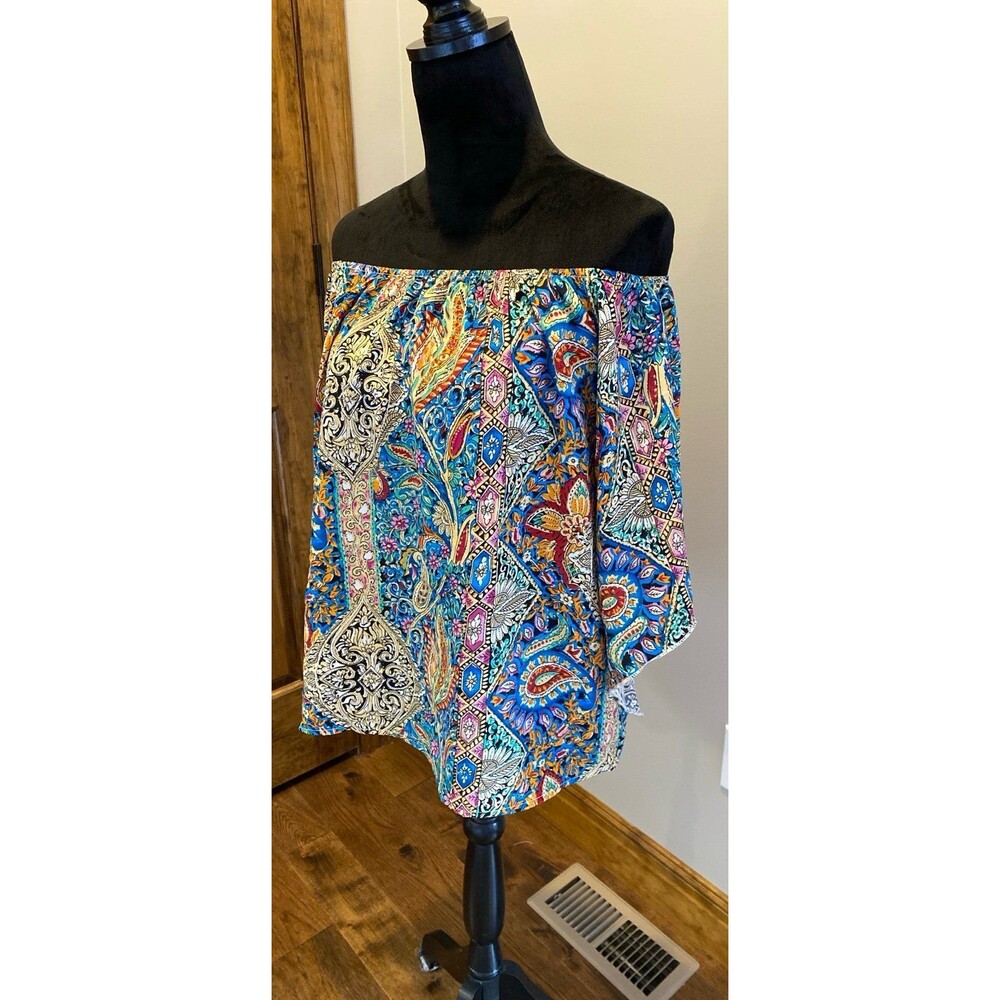 Paisley Blouse Size Large Off or On Shoulder Deep Blue Pink Elastic Neckline Top - Picture 5 of 11